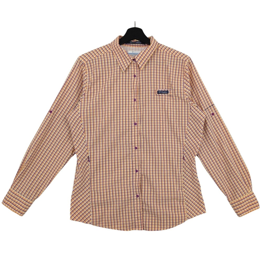 Columbia PFG Super Tamiami Women L Plaid Fishing Shirt Orange Purple Omni-Shade